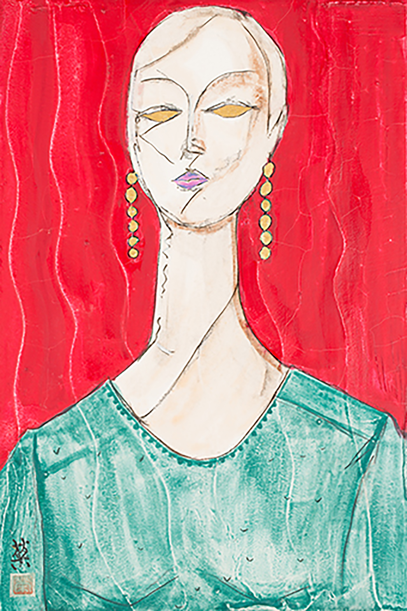 manequin#05バック赤緑ドレス、丸耳飾り